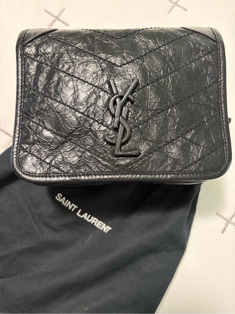 Saint Laurent Black Crinkled Leather Belt Bag with YSL Logo